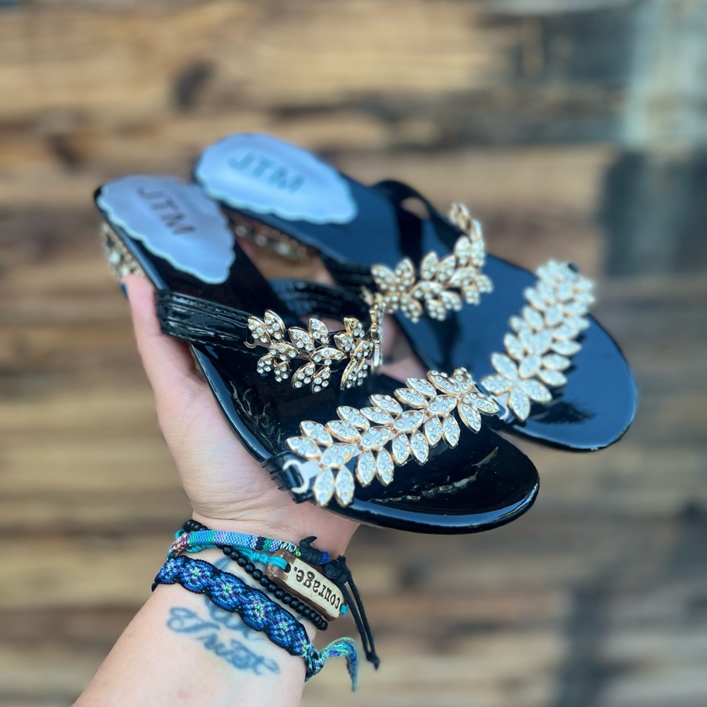 JTM | Gold Embellished Rhinestones Black Strappy Heels 38 7